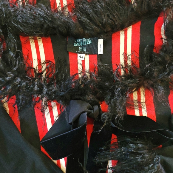 RARE Vintage Jean Paul Gaultier Red Stripe Mangolian Fur Bow Midi Dress - Picture 3 of 13